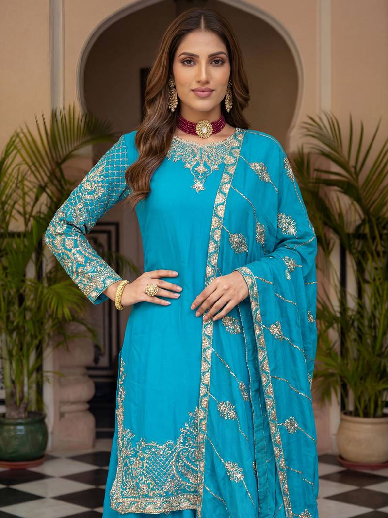 Sky Blue Embroidered Chinon Palazzo Suit