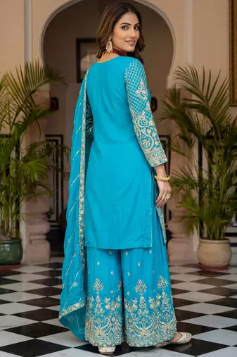 Sky Blue Embroidered Chinon Palazzo Suit