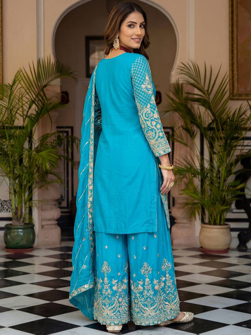 Sky Blue Embroidered Chinon Palazzo Suit