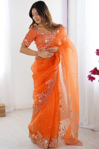 Beautiful Orange Embroidered Organza Festive Wear Saree With Blouse