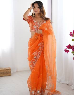 Beautiful Orange Embroidered Organza Festive Wear Saree With Blouse 2