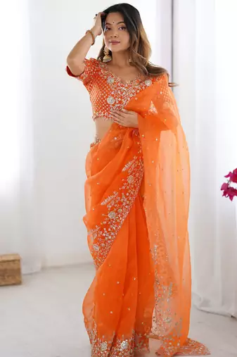 Beautiful Orange Embroidered Organza Festive Wear Saree With Blouse
