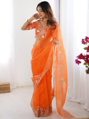 Beautiful Orange Embroidered Organza Festive Wear Saree With Blouse 3