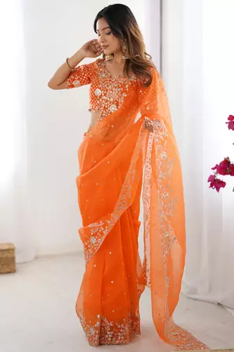 Beautiful Orange Embroidered Organza Festive Wear Saree With Blouse