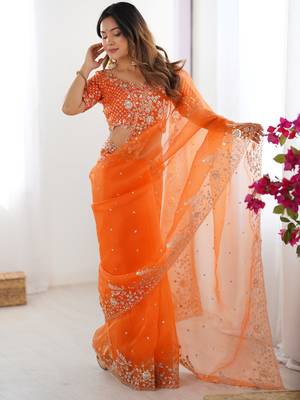 Beautiful Orange Embroidered Organza Festive Wear Saree With Blouse 4