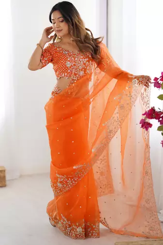 Beautiful Orange Embroidered Organza Festive Wear Saree With Blouse