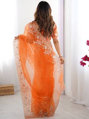 Beautiful Orange Embroidered Organza Festive Wear Saree With Blouse 5