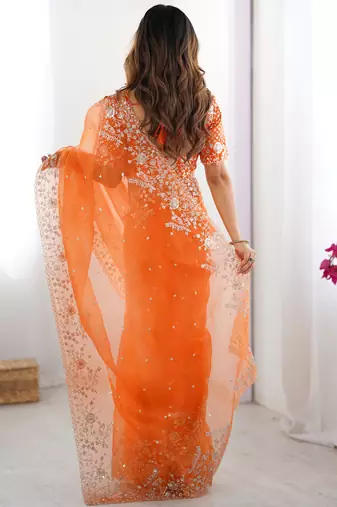 Beautiful Orange Embroidered Organza Festive Wear Saree With Blouse