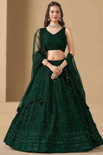 Green Georgette With sequin and thread work Lehenga set with choli and dupatta