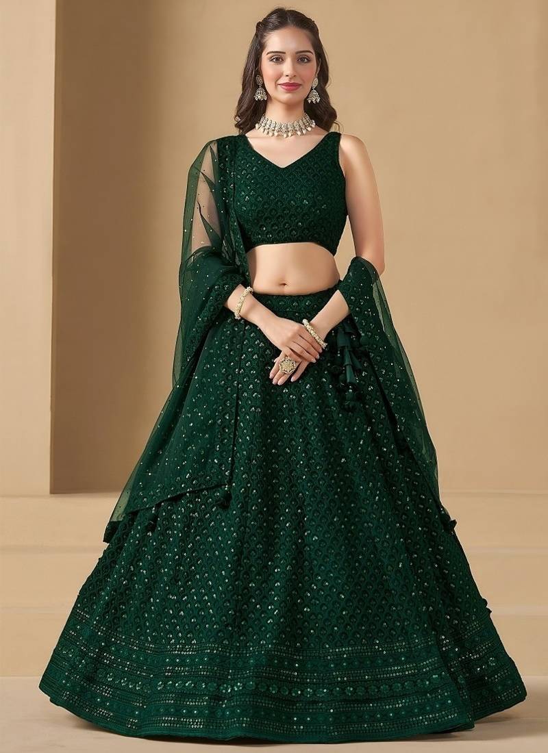 Green Georgette With sequin and thread work Lehenga set with choli and dupatta