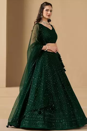 Green Georgette With sequin and thread work Lehenga set with choli and dupatta