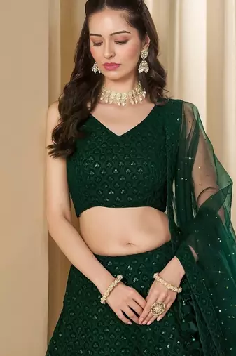 Green Georgette With sequin and thread work Lehenga set with choli and dupatta