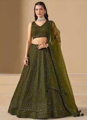 Mehendi Georgette With sequin and thread work Lehenga set with choli and dupatta 1