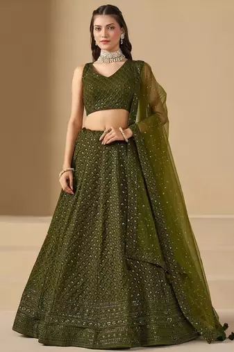 Mehendi Georgette With sequin and thread work Lehenga set with choli and dupatta