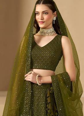 Mehendi Georgette With sequin and thread work Lehenga set with choli and dupatta 4