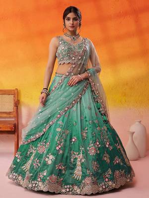 Green Tissue Sequins embroidery Lehenga Choli With Dupatta 4