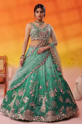 Green Tissue Sequins embroidery Lehenga Choli With Dupatta