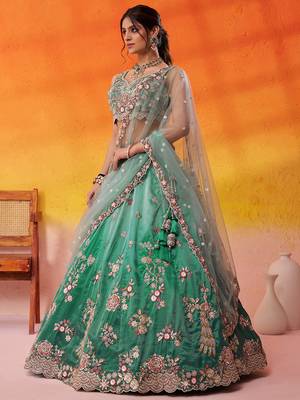 Green Tissue Sequins embroidery Lehenga Choli With Dupatta 5