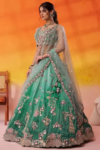 Green Tissue Sequins embroidery Lehenga Choli With Dupatta