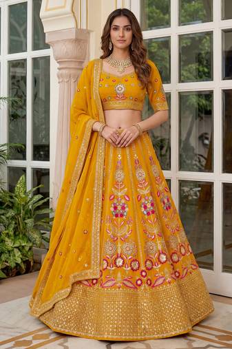 yellow sequins georgette lehenga set choli with dupatta