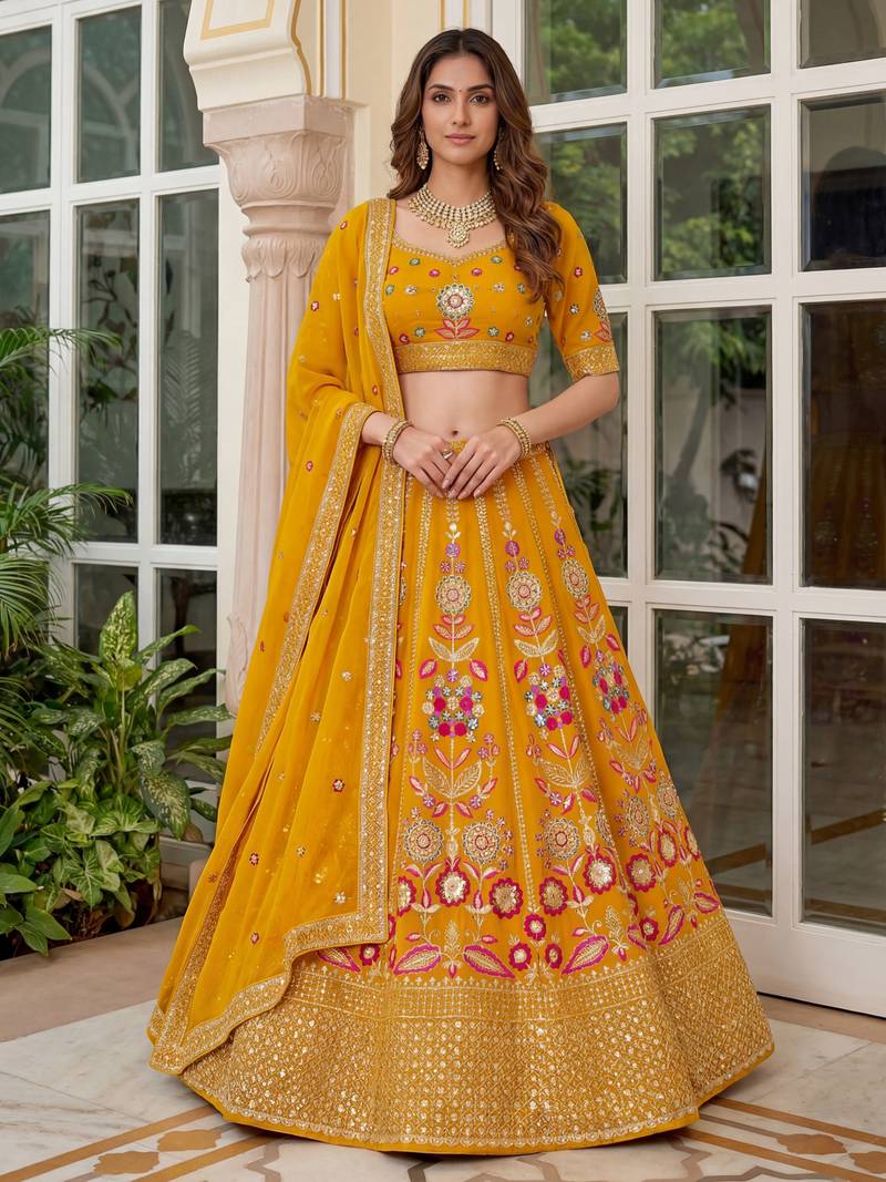 yellow sequins georgette lehenga set choli with dupatta