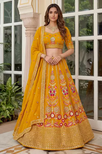 yellow sequins georgette lehenga set choli with dupatta