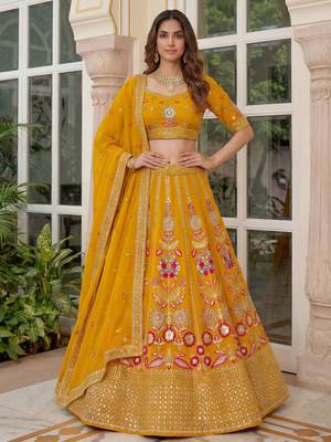 yellow sequins georgette lehenga set choli with dupatta 2