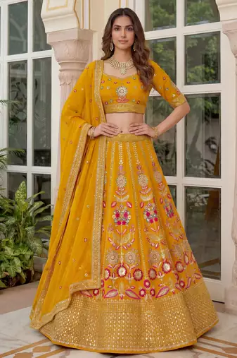 yellow sequins georgette lehenga set choli with dupatta