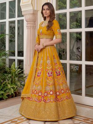 yellow sequins georgette lehenga set choli with dupatta 3