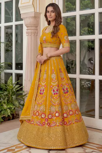 yellow sequins georgette lehenga set choli with dupatta