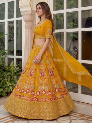 yellow sequins georgette lehenga set choli with dupatta 4
