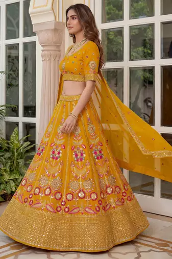 yellow sequins georgette lehenga set choli with dupatta