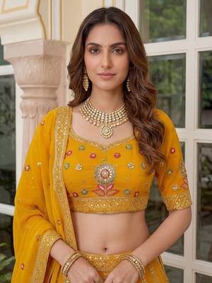 yellow sequins georgette lehenga set choli with dupatta 5