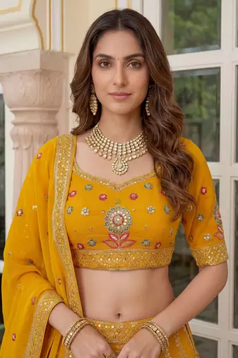 yellow sequins georgette lehenga set choli with dupatta