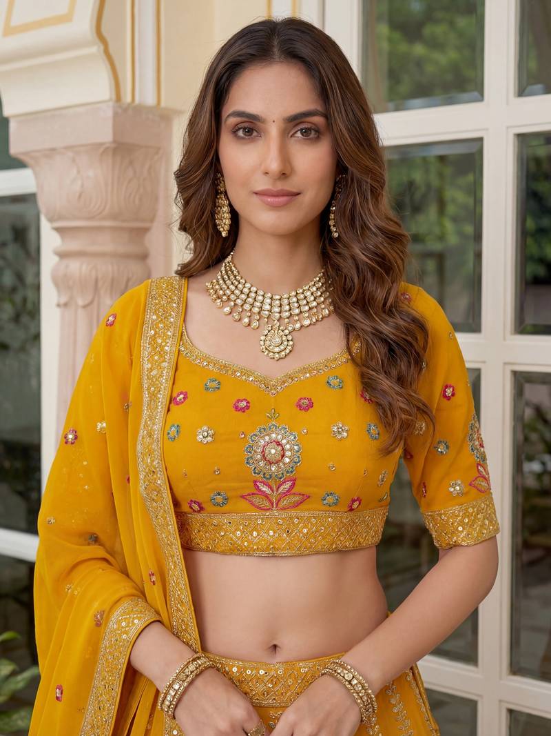 yellow sequins georgette lehenga set choli with dupatta