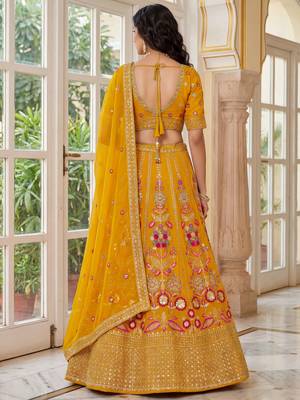 yellow sequins georgette lehenga set choli with dupatta 6