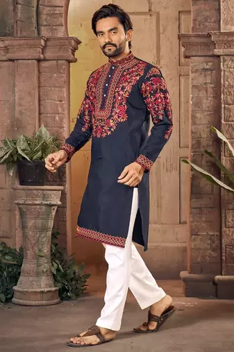 Blue multi thread work silk straight kurta