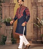 Blue multi thread work silk straight kurta