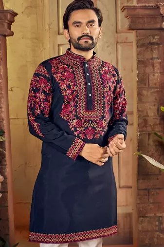 Blue multi thread work silk straight kurta