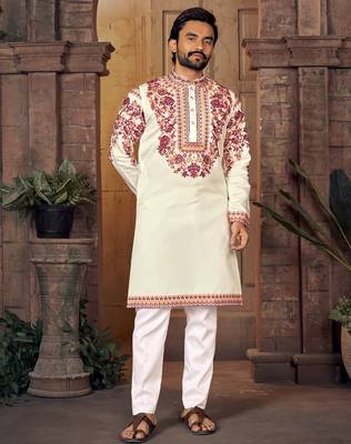White multi thread work silk straight kurta 1