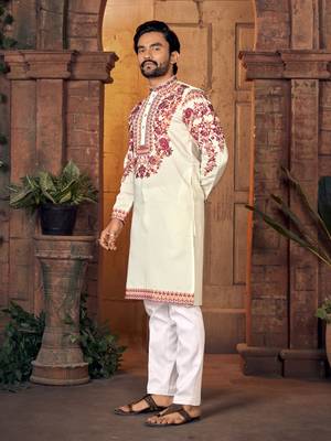 White multi thread work silk straight kurta 2