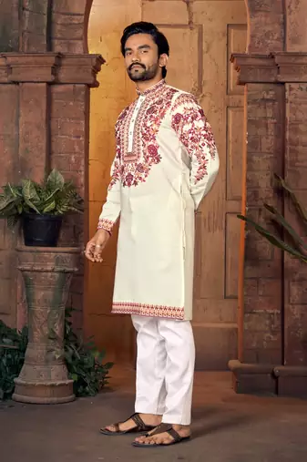 White multi thread work silk straight kurta