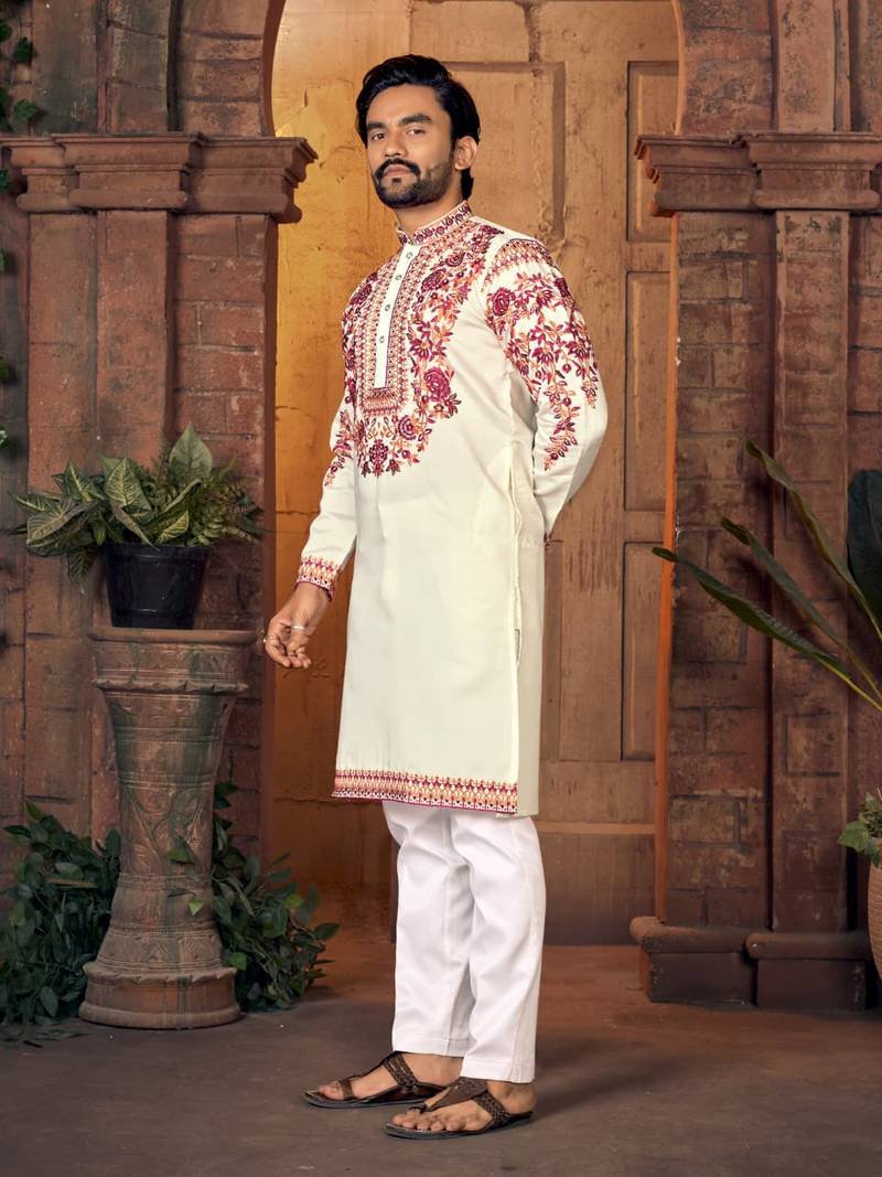 White multi thread work silk straight kurta