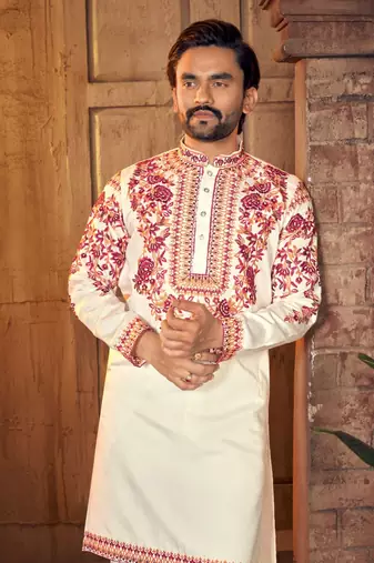 White multi thread work silk straight kurta