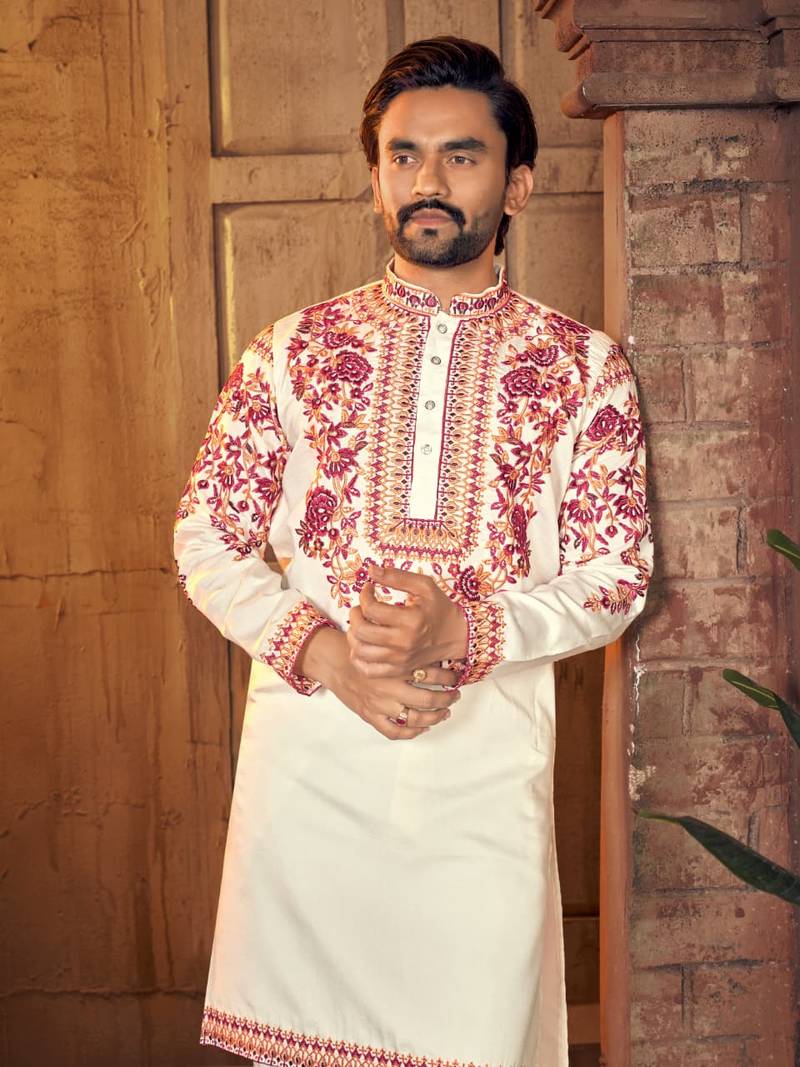 White multi thread work silk straight kurta