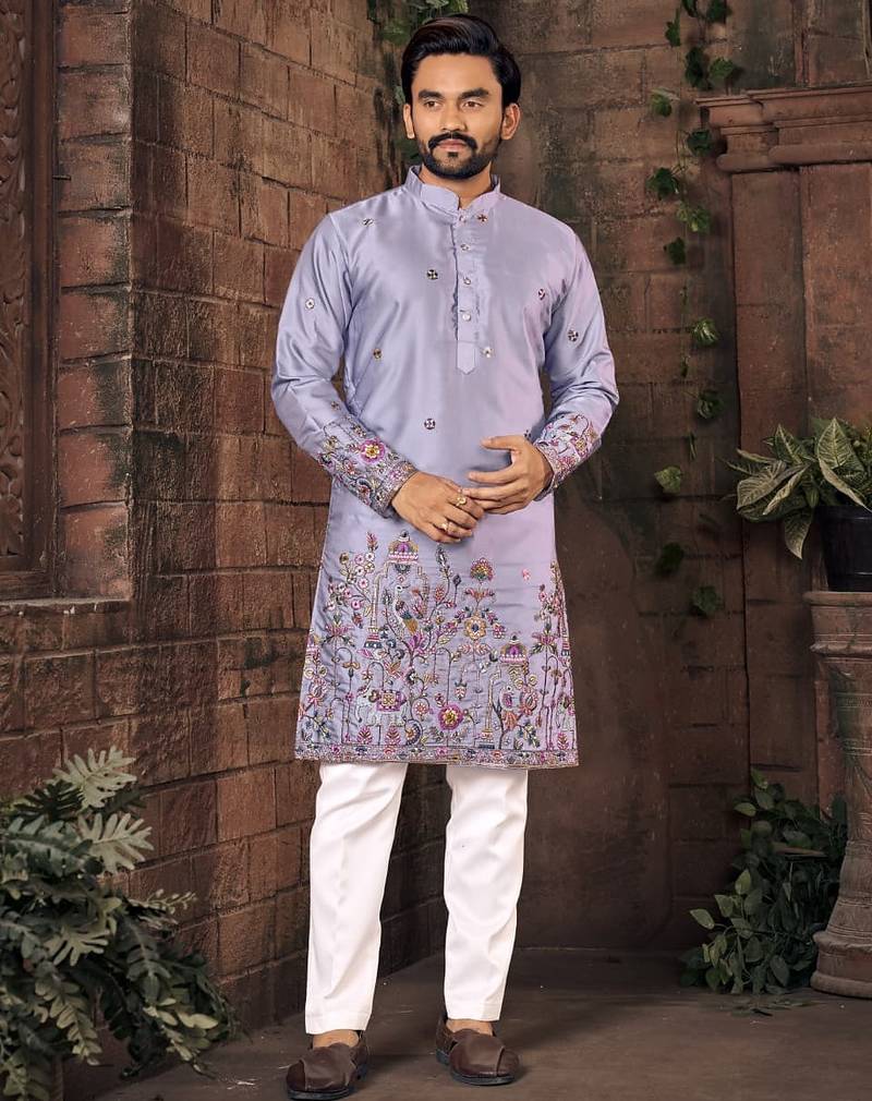Purple multi thread work silk straight kurta