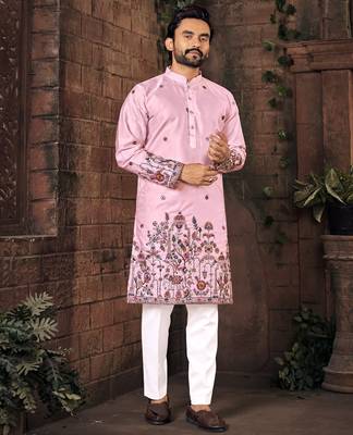 Pink multi thread work silk straight kurta 1