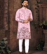 Pink multi thread work silk straight kurta