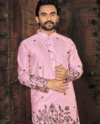 Pink multi thread work silk straight kurta 2