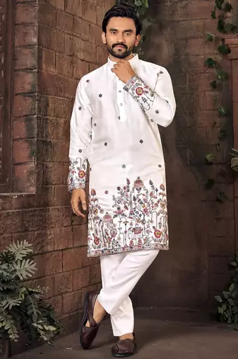 White multi thread work silk straight kurta